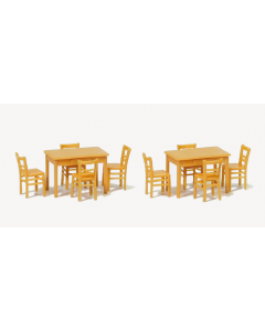 H0 2 tafels en 8 stoelen, bruin Preiser 17218